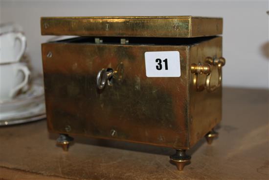 19th century brass and oak money box